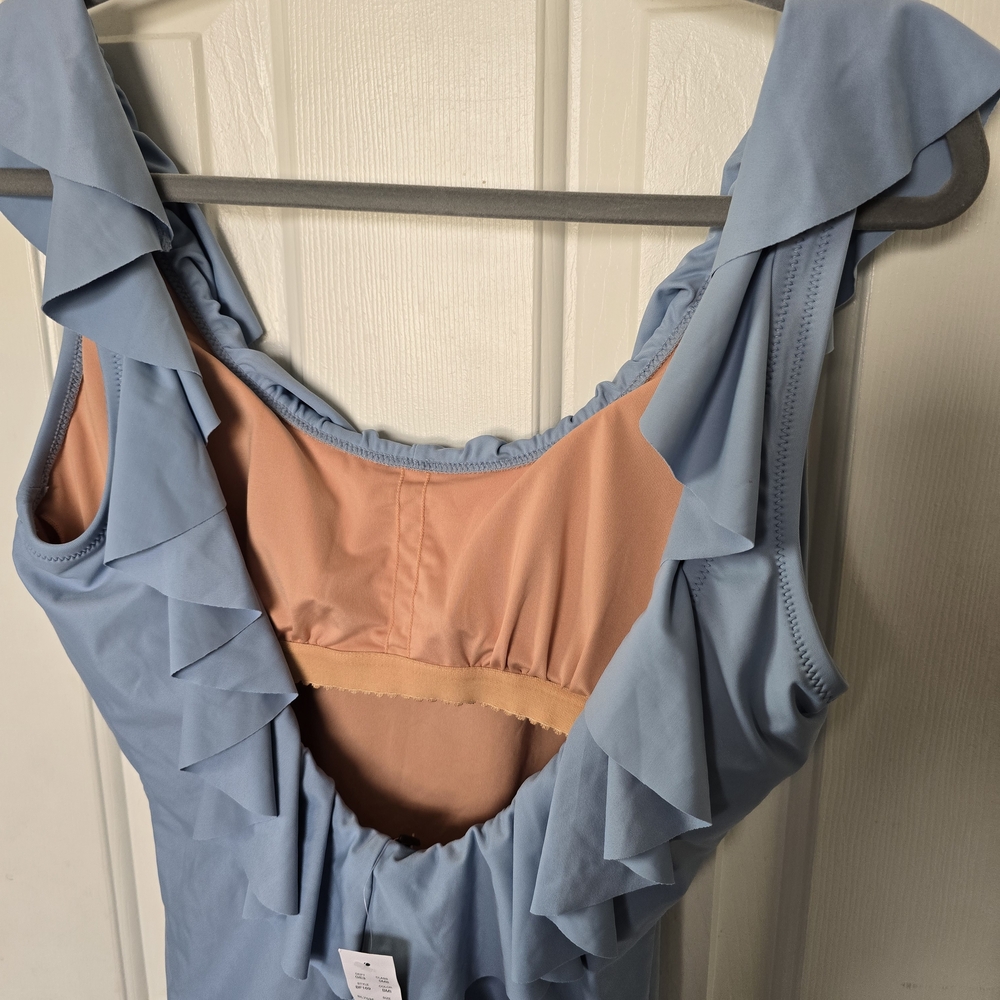 J. Crew Blue and Peach Ruffle One Piece Swimsuit